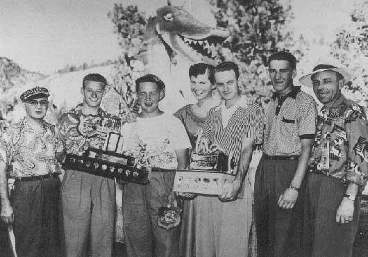 Ogopogo Open 1952. (left to right) Dr. A. Stan Underhill, Al Nelson, Ken Grandstrom, Cathy Archibald, Walt McElroy, Mel White, Fred Williams