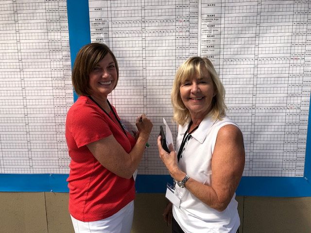 Cheryl and Sandy at the Scoreboard